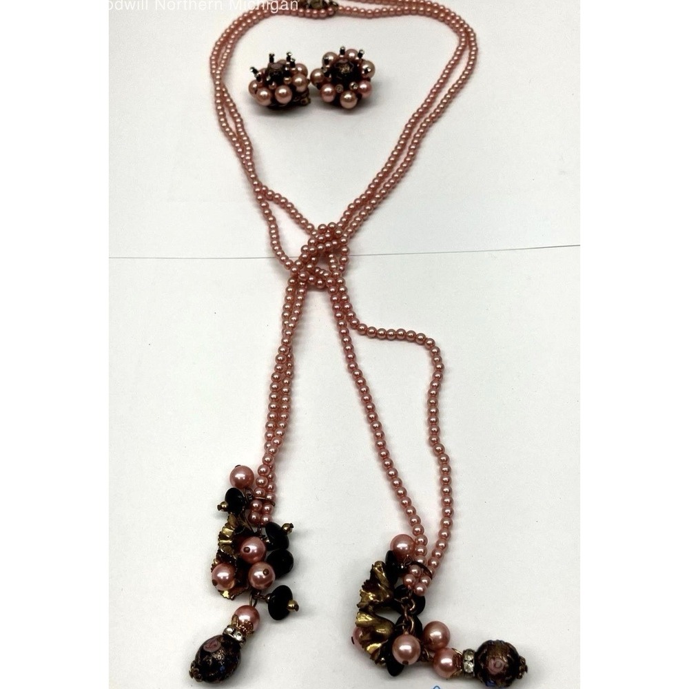 Vintage West German Salmon Pink Faux Pearl Lariat Double Strand Necklace Earring